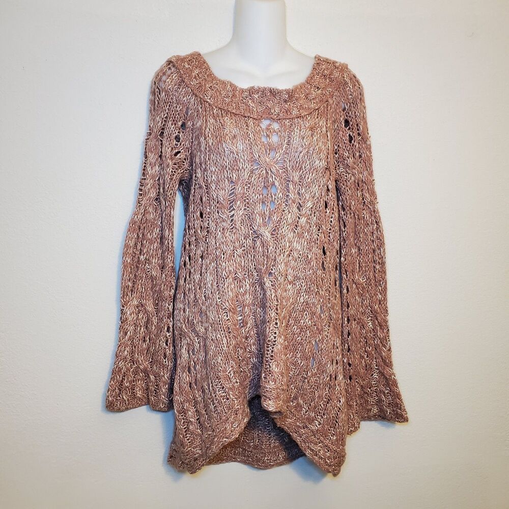 Free People Wool Alpaca Oversized Crochet Knit Pullover Sweater Dusty Rose Sz M